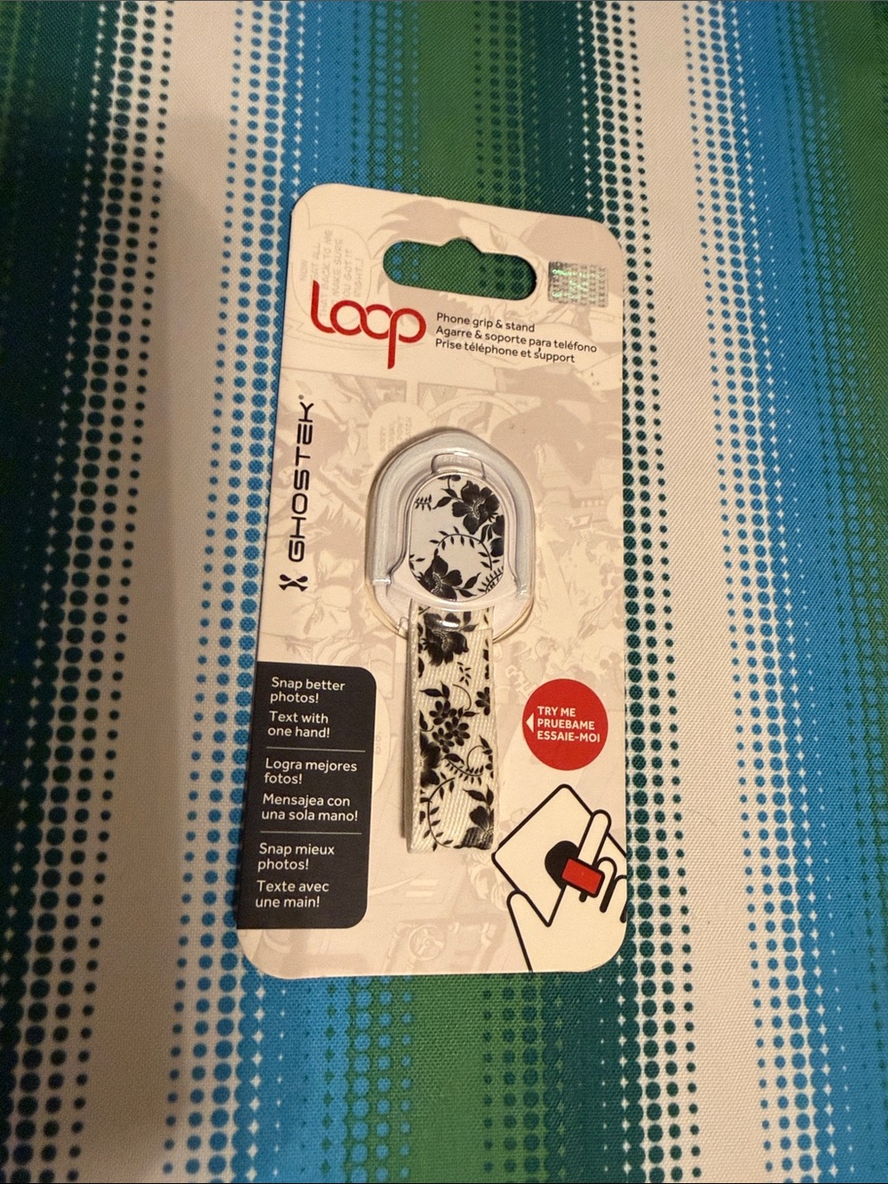 Oster Loop Phone Grip & Stand - Black Floral on Cream
